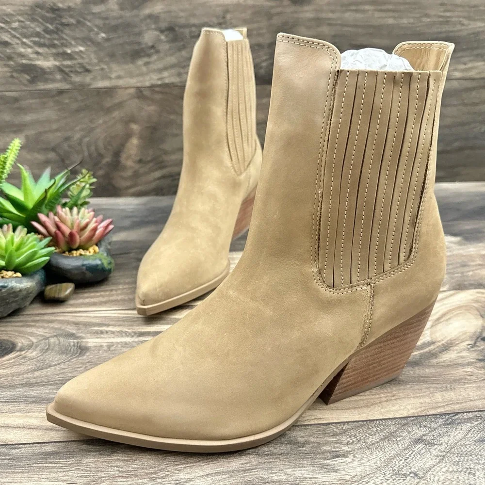 NIB Steve Madden 9M Terezza Tan Nubuck Pull On Pointed Toe Western Ankle Bootie - Picture 4 of 12